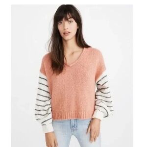 Madewell Peach V-Neck Sweater with Ivory Striped Balloon Sleeves